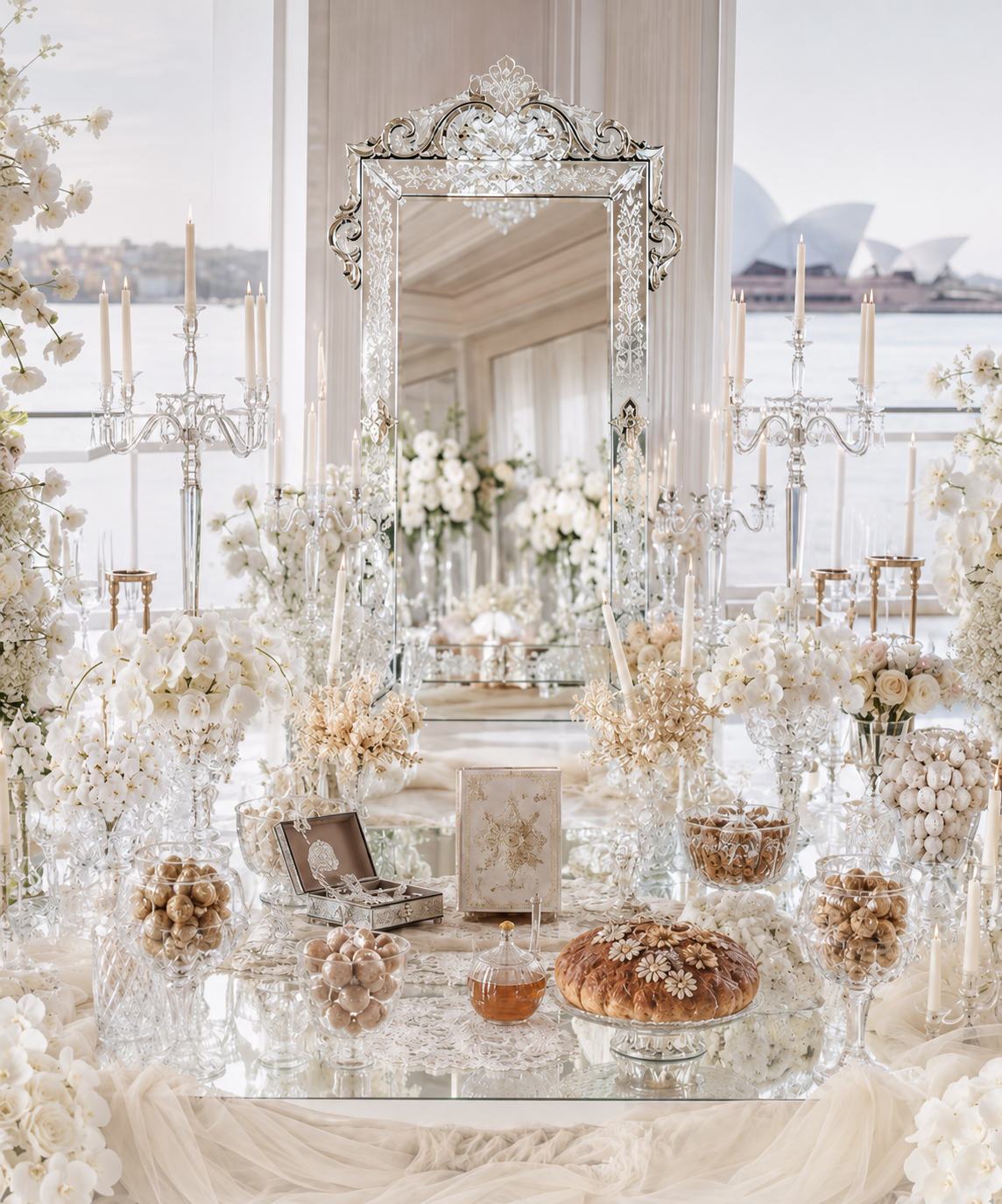 An elegant Persian wedding table overlooking Sydney Harbour
